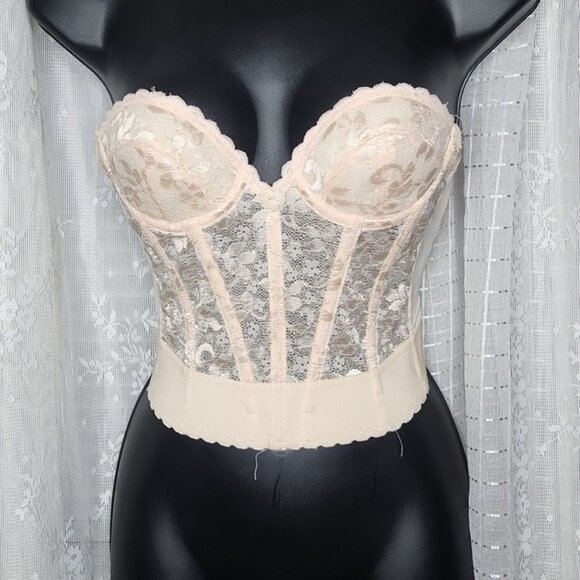 Vintage 50's 60's Cream Baroque Lace Padded Bustier Strapless Bra Corset Sz32A - Picture 1 of 8